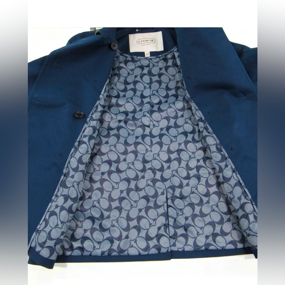 Coach Navy & Tan Leather Trim Double-Breasted Button-Up Coat Size M - Picture 4 of 7